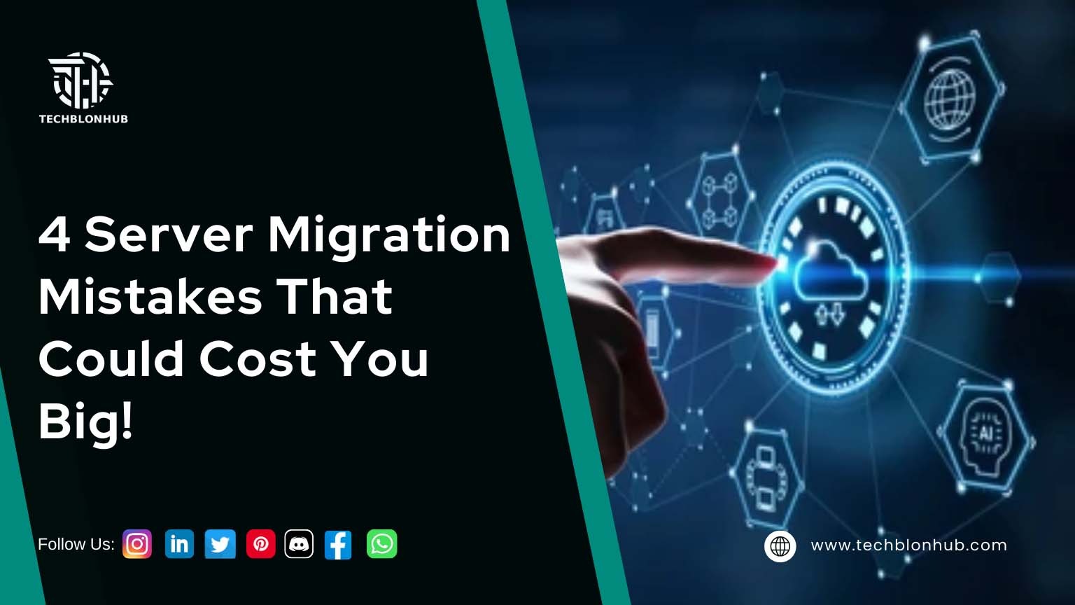 The image is divided into two sections. The left side features a black background with white text and the "TECHBLONHUB" logo, which includes a stylized "T" and text below. Below the logo, the bold text reads "4 Server Migration Mistakes That Could Cost You Big!" with social media icons for Instagram, LinkedIn, Twitter, Pinterest, Discord, Facebook, and WhatsApp at the bottom left. The right side shows a digital representation of a finger pointing at a cloud icon with arrows, indicating a digital connection. The background is blue with hexagonal shapes and faint technical icons. The web address "www.techblonhub.com" with a globe icon appears at the lower right corner.