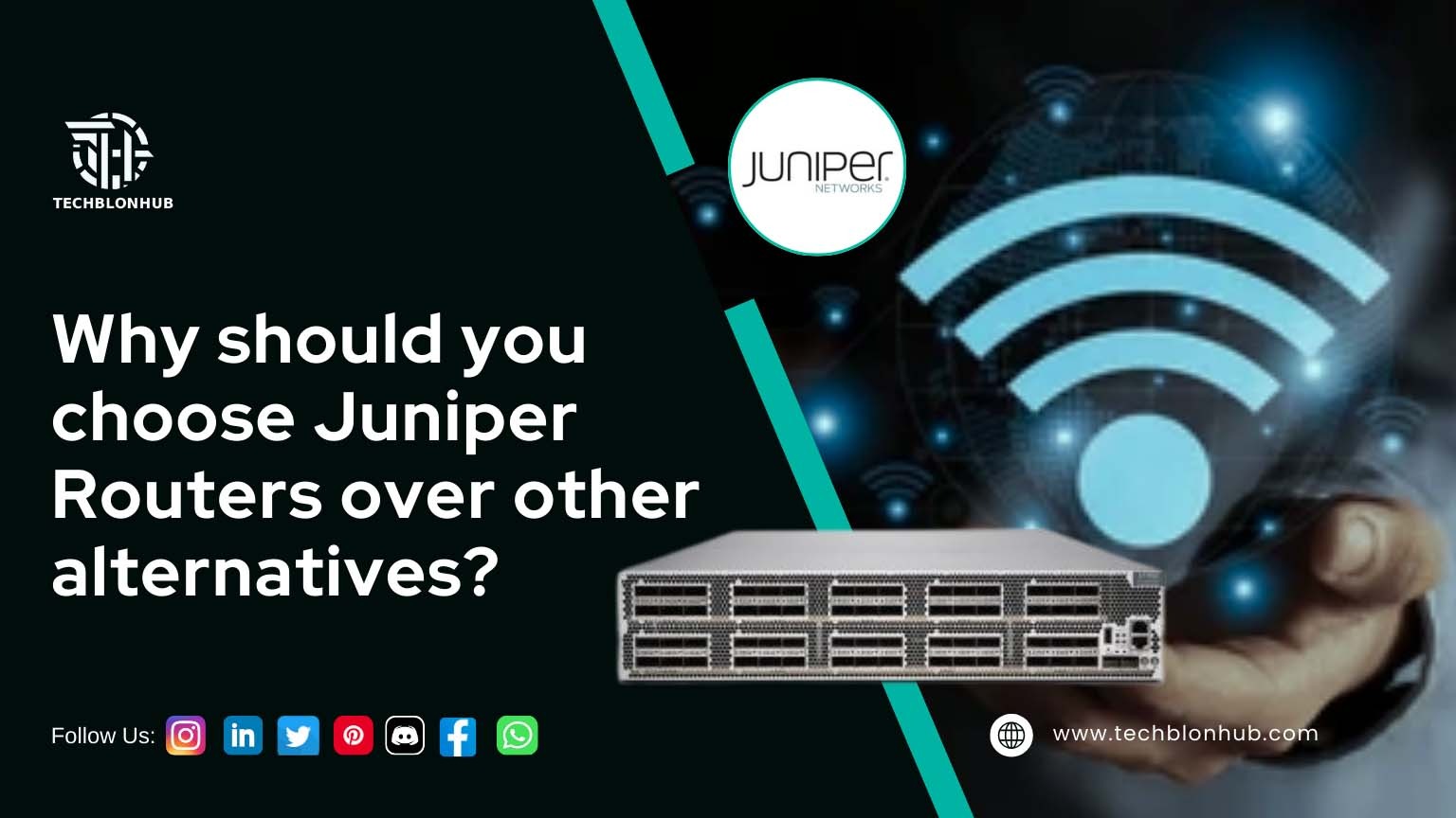 Graphic banner for Juniper Routers: Left side features a black background with white text, “Why should you choose Juniper Routers over other alternatives?” followed by social media icons (Instagram, LinkedIn, Twitter, Pinterest, Discord, Facebook, WhatsApp) and the TECHBLONHUB logo at the top-left. Right side shows a hand holding a glowing blue Wi-Fi signal icon, overlapping a metallic router with multiple slots and a "Juniper Networks" circular logo. A diagonal teal stripe separates the sections. Website "www.techblonhub.com" is displayed at the bottom-right.