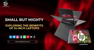 A sleek 14-inch laptop placed on a desk, surrounded by minimalist accessories.