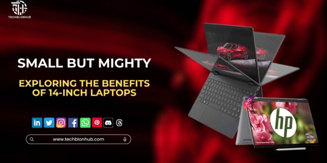 A sleek 14-inch laptop placed on a desk, surrounded by minimalist accessories.