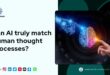 Digital graphic contrasting AI and human thought. Left: light blue background with text 'Can AI truly match Human thought Processes?' and Techblonhub logo, along with social media icons (Instagram, LinkedIn, Twitter, Pinterest, Discord, Facebook, WhatsApp) at the bottom. Right: dark space with an image of a hand and brain, half robotic with a circuit design and half colorful human brain, both hands reaching the center with glowing contact points.