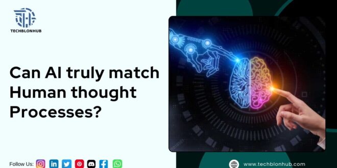 Digital graphic contrasting AI and human thought. Left: light blue background with text 'Can AI truly match Human thought Processes?' and Techblonhub logo, along with social media icons (Instagram, LinkedIn, Twitter, Pinterest, Discord, Facebook, WhatsApp) at the bottom. Right: dark space with an image of a hand and brain, half robotic with a circuit design and half colorful human brain, both hands reaching the center with glowing contact points.
