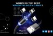 Magnetic charging cable with interchangeable plugs for iPhone, Micro USB, and Type-C devices, featuring LED light