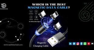 Magnetic charging cable with interchangeable plugs for iPhone, Micro USB, and Type-C devices, featuring LED light