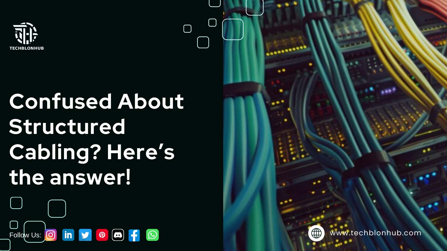 The technical image highlights structured cabling, featuring a close-up of a network cable setup with brightly colored cables and connectors neatly organized into a patch panel. On the left, a black background with digital design elements displays the text, "Confused About Structured Cabling? Here's the answer!" The Techblonhub logo and social media icons, along with the website URL at the bottom, enhance the professional and informative look, focusing on networking solutions.