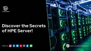 The image showcases a close-up of server racks with green glowing lights from the fans, creating a modern, technological feel. It conveys power, reliability, and efficiency, emphasizing the capabilities of HPE small business solutions.