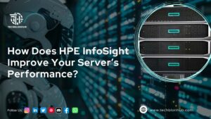 This image features a white robot head, highlighting HPE InfoSight's role in solving server issues, with the question "How Does HPE InfoSight Improve Your Server's Performance?" set against a blurred server rack and a highlighted black server unit with teal stripes.