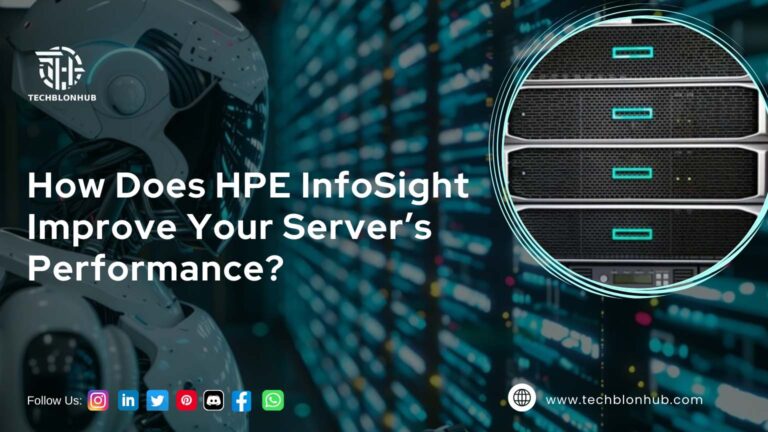 This image features a white robot head, highlighting HPE InfoSight's role in solving server issues, with the question "How Does HPE InfoSight Improve Your Server's Performance?" set against a blurred server rack and a highlighted black server unit with teal stripes.