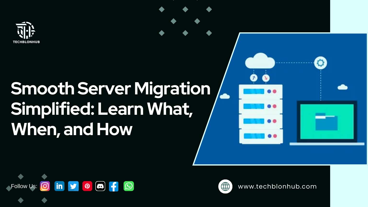 A dark-toned graphic with a light-blue area featuring a server rack, connecting clouds, and a laptop. The text "Smooth Server Migration Simplified: Learn What, When, and How" is in light gray. Social media icons and the URL "www.techblonhub.com" are below. The TECH wordmark logo appears in the top-left corner. The design uses dark and light blue shades with a neutral gray background.