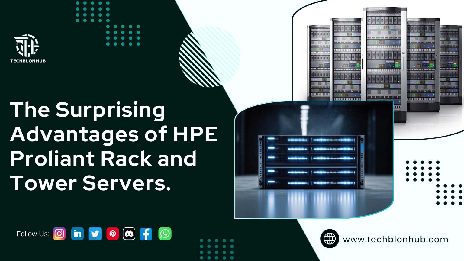 HPE Proliant Rack and Tower Servers, featuring a modern black and teal design with the title prominently displayed, highlighting sleek server racks and a single illuminated server, all emphasizing the power and sophistication of HPE servers.