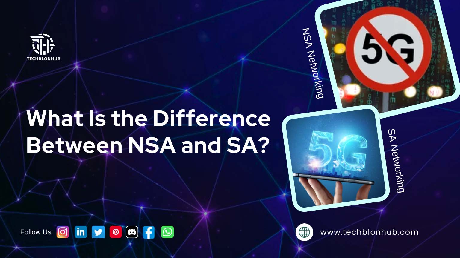 A dark background with glowing blue and purple network lines. On the left, bold white text reads "What Is the Difference Between NSA and SA?" The top right features a red prohibition sign over "5G" with "NSA Networking" text. Below, an image of a hand holding a tablet shows "5G" in blue with "SA Networking" text. Social media icons and the website URL "www.techblonhub.com" appear at the bottom, with the "TECHBLONHUB" logo in the top left.