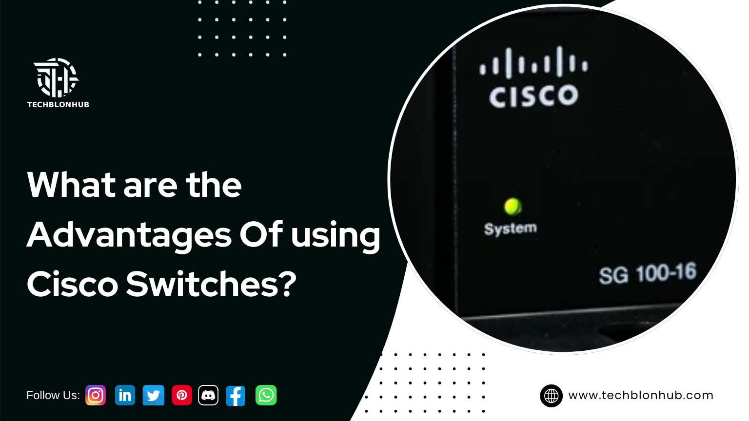 Graphic asking "What are the Advantages of Using Cisco Switches?" with a close-up image of a Cisco SG 100-16 switch, showing the Cisco logo and a lit green "System" LED light. The dark gray-black background includes a light gray dotted pattern. The Techblonhub logo, social media icons, and website address techblonhub.com are also visible.