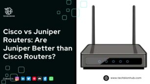 Graphic comparing Cisco and Juniper routers. Dark-gray background with light-gray squares, question in bold font. Gray router with antennas on the right, social media icons below, and website URL 'www.techblonhub.com' with a small logo at bottom-right.