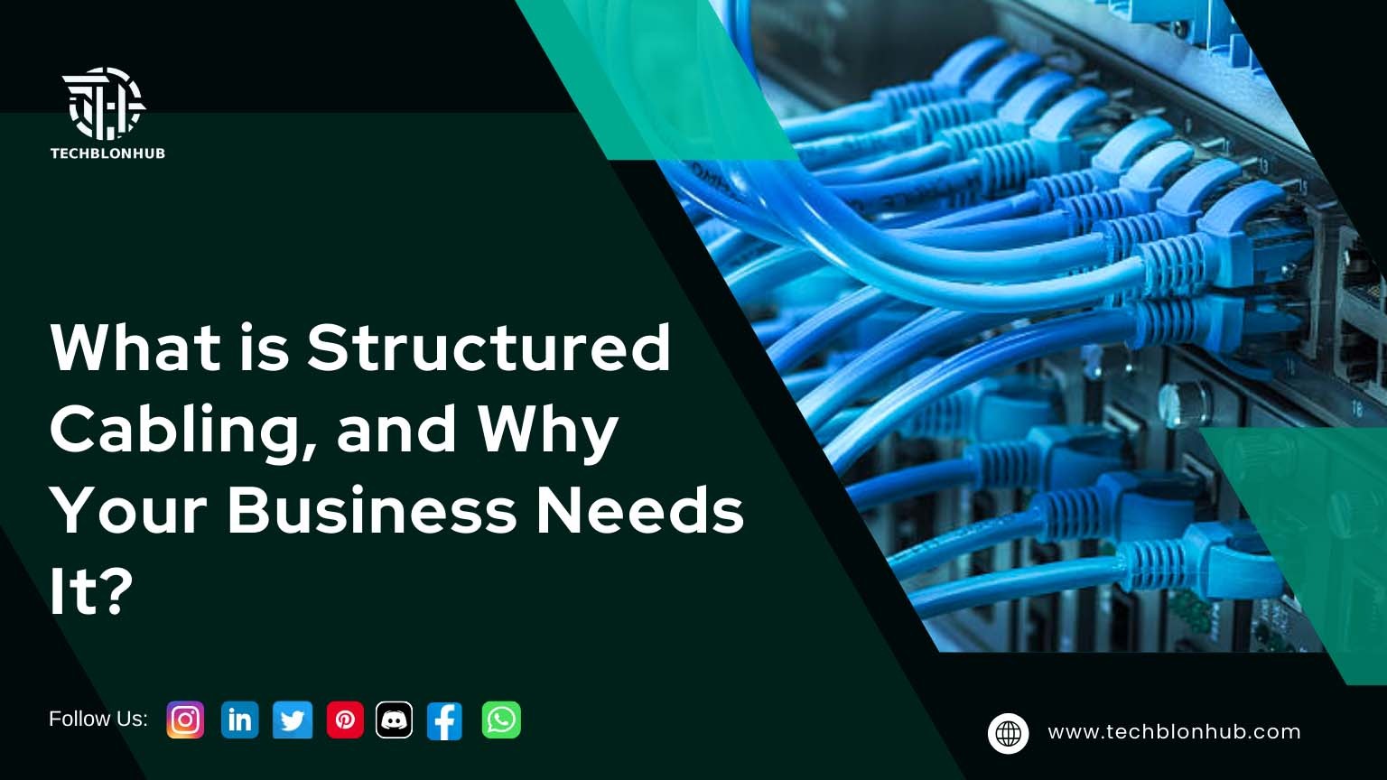 Promotional graphic for TECHBLONHUB featuring a close-up of blue network cables plugged into a server or network switch. Overlaid text asks, "What is Structured Cabling, and Why Your Business Needs It?" in bold, dark-on-medium-green font. The website URL "www.techblonhub.com" is listed at the bottom, with the TECHBLONHUB logo in the upper left and social media icons in the bottom left corner.