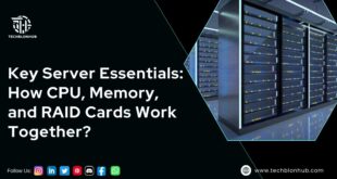 Image Left side has a black background with the "Techblonhub" logo, white text reading "Key Server Essentials: How CPU, Memory, and RAID Cards Work Together?" followed by social media icons (Instagram, LinkedIn, Twitter, Pinterest, Discord, Facebook, WhatsApp) and the URL www.techblonhub.com. Right side shows a server room with tall black server racks, yellow indicator lights, reflective flooring, and tiled ceiling with strip lighting.