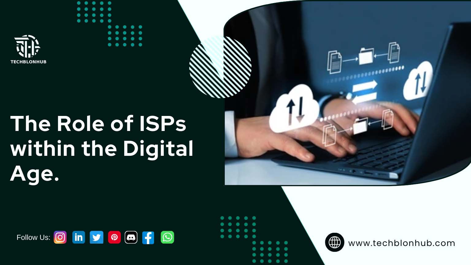 A dark-green background with overlapping geometric shapes and dotted/striped patterns. A graphic of hands on a laptop keyboard is surrounded by network symbols, including clouds for cloud services and data transfer. The text "The Role of ISPs within the Digital Age" is centered above in a light, sans-serif font. Social media icons and the URL "www.techblonhub.com" are at the bottom.