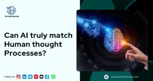 Digital graphic contrasting AI and human thought. Left: light blue background with text 'Can AI truly match Human thought Processes?' and Techblonhub logo, along with social media icons (Instagram, LinkedIn, Twitter, Pinterest, Discord, Facebook, WhatsApp) at the bottom. Right: dark space with an image of a hand and brain, half robotic with a circuit design and half colorful human brain, both hands reaching the center with glowing contact points.